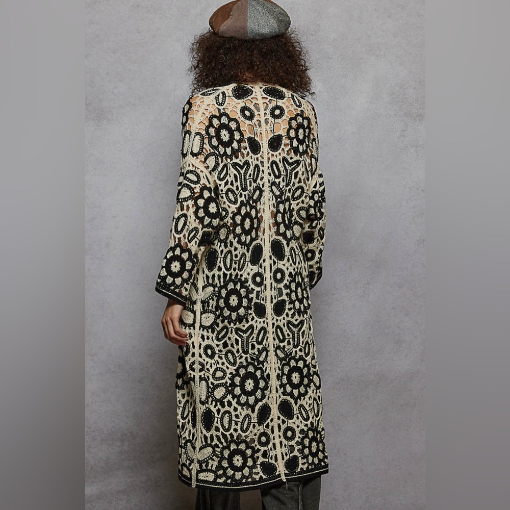 Black and Cream Crochet Long Duster/Coat - Women’s Fashion Jacket